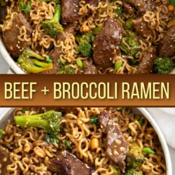 A collage of beef and broccoli with ramen noodles in a skillet and a bowl.