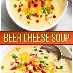 A collage of Beer Cheese Soup in a white bowl with a spoon.
