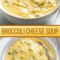 A collage of Broccoli Cheese Soup in a bowl with a spoon.