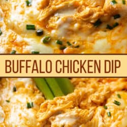 A labeled image of Buffalo Chicken Dip with celery and tortilla chips being dipped into it.