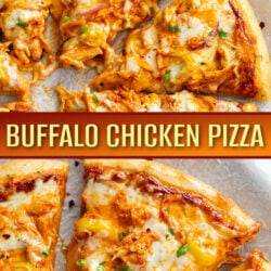 A collage of Buffalo Chicken Pizza on parchment paper.
