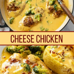 A collage of Cheese Chicken in a creamy cheese sauce with broccoli.