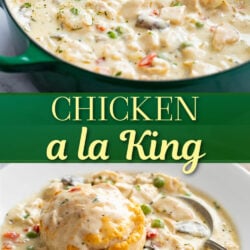 A collage of Chicken a la King in a Dutch oven and in a white bowl.