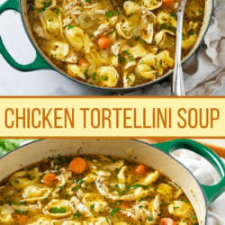 A collage of Chicken Tortellini Soup with vegetables and seasonings.