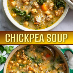 A collage of Chickpea Soup in a bowl and in a soup pot.