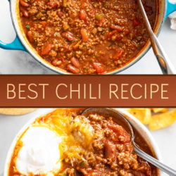 A collage of Chili in a pot and in a bowl with sour cream and cheese.