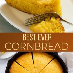 A collage of cornbread on a plate and in a cast iron skillet.
