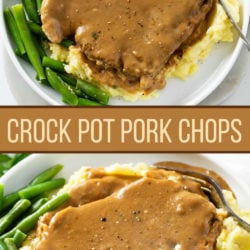 A collage of Crock Pot Pork Chops on a pile of mashed potatoes with gravy.