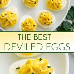 A collage of Deviled eggs on a white plate with paprika and chives.