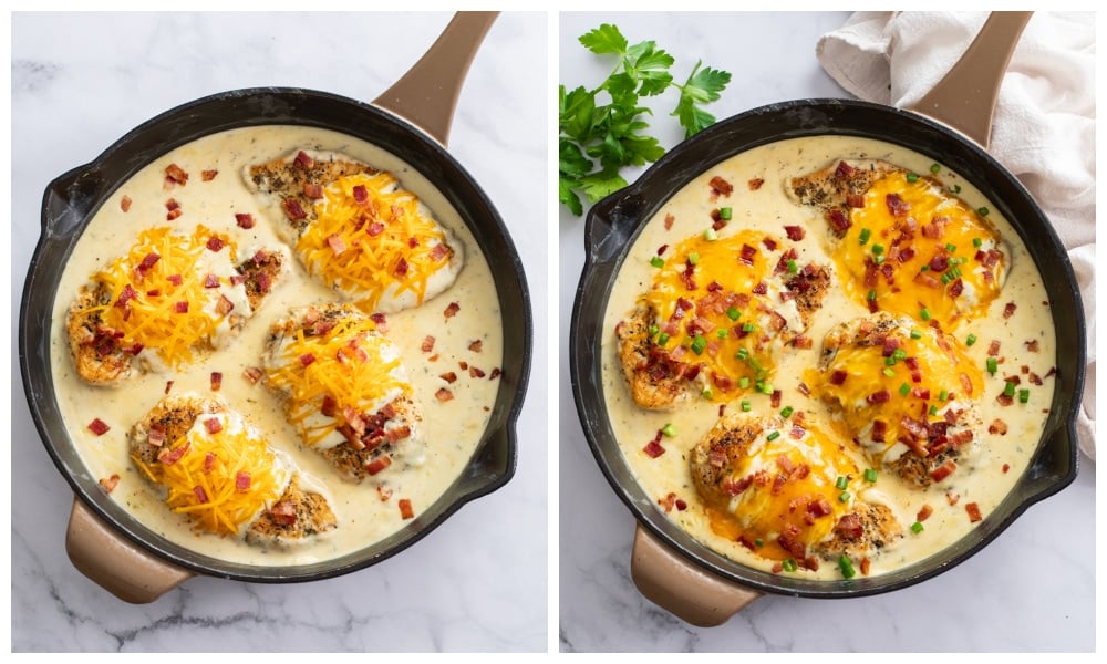 A skillet with Bacon Ranch Chicken before and after cheese on top is melted.