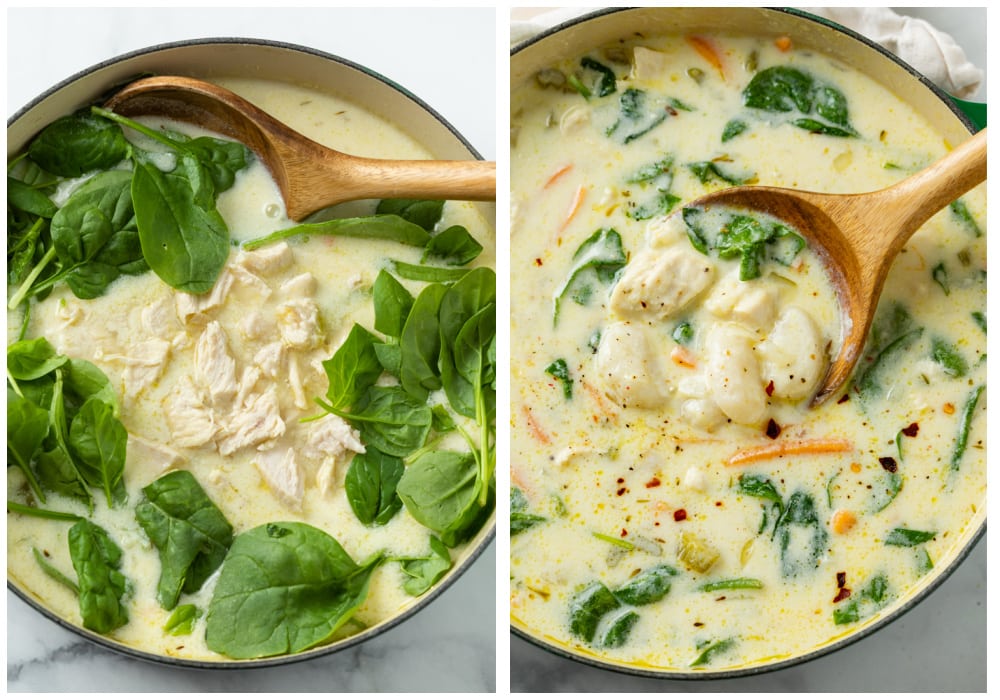 Adding cooked chicken and fresh spinach to a pot of Chicken Gnocchi Soup.