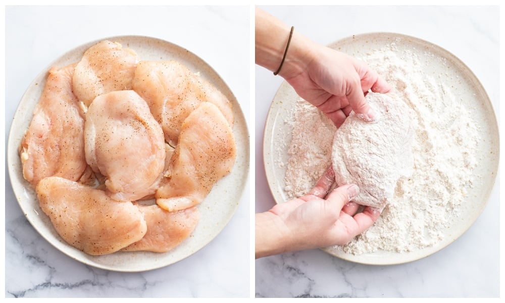 A plate of sliced chicken breast next to a plate of chicken being dredged in flour.
