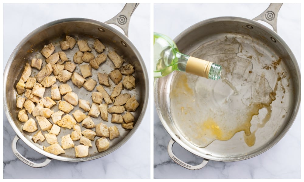 A skillet of cooked and diced chicken next to a skillet being deglazed with white wine.