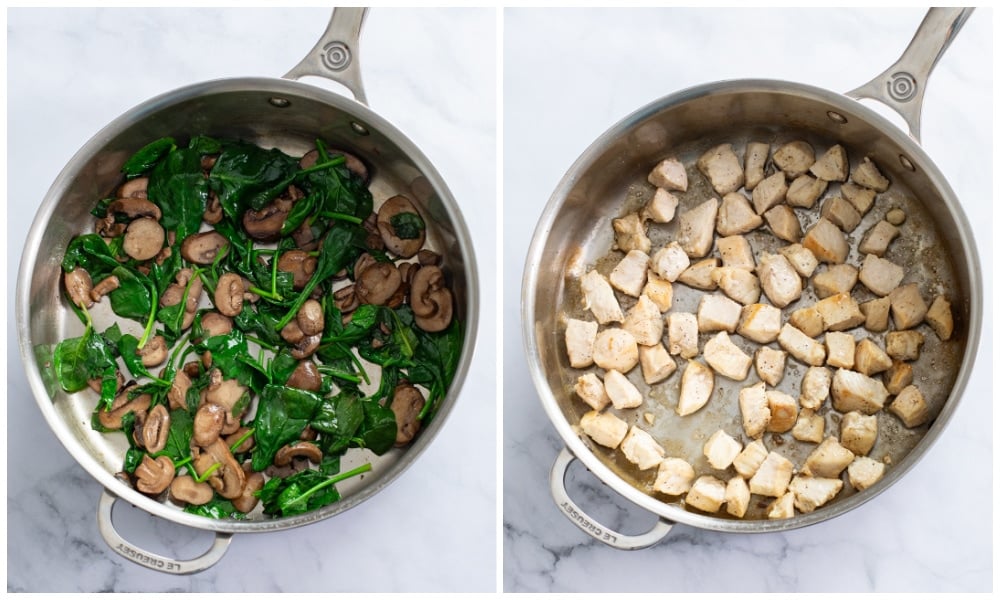 A skillet of cooked spinach and mushrooms next to a skillet of cooked chicken pieces.
