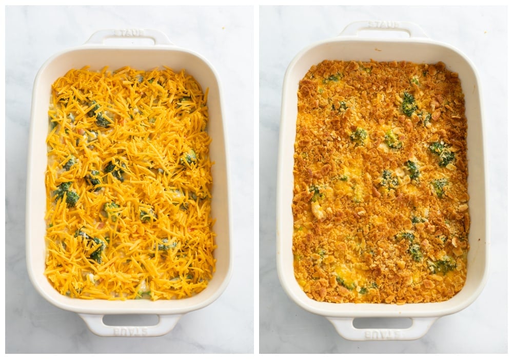 Vegetable Casserole in a white baking dish before and after being baked.