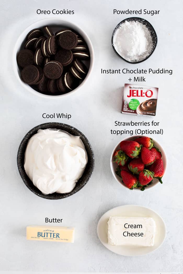 overhead view of ingredients needed for no-bake Oreo dessert.