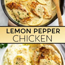 A collage of Lemon Pepper Chicken in a skillet and on a plate.