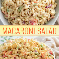 A collage of Macaroni Salad in a white bowl.