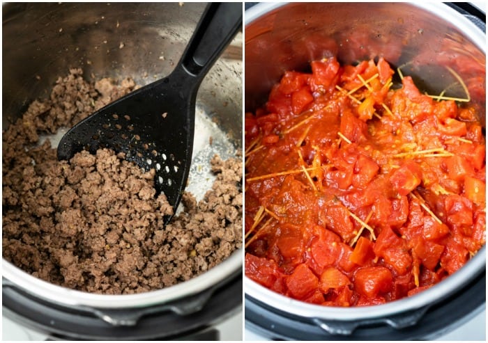 Ground beef cooking in an Instant Pot next to an Instant Pot with uncooked spaghetti and diced tomatoes.