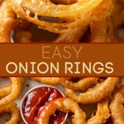 A collage of onion rings on a plate with ketchup.
