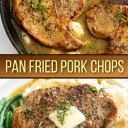 A collage of Pan Fried Pork Chops in a skillet and on a plate.