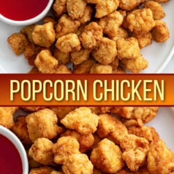 A collage of Popcorn Chicken on a white plate with sweet and sour sauce.