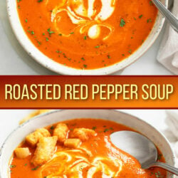 A collage of Roasted Red Pepper Soup in a bowl with croutons and a swirl of cream on top.