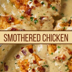 A collage of smothered chicken in a skillet with crispy bacon.