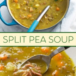 Split Pea Soup in a soup pot and in a white bowl.