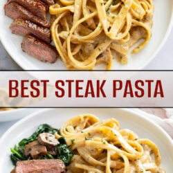 A collage of Steak Pasta on a white plate with a cream sauce, spinach, and mushrooms.
