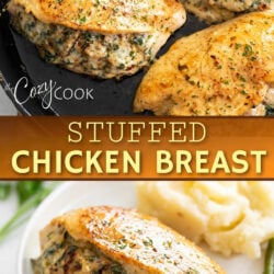 A collage of Stuffed Chicken Breast in a skillet and on a plate.