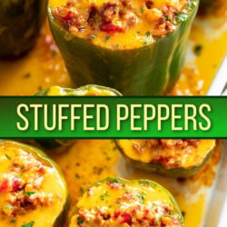 A collage of Stuffed Bell Peppers with meat and cheese.
