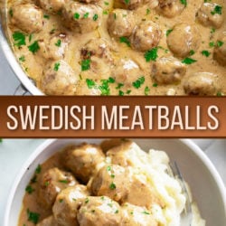 A collage of Swedish Meatballs in a skillet and on a plate.